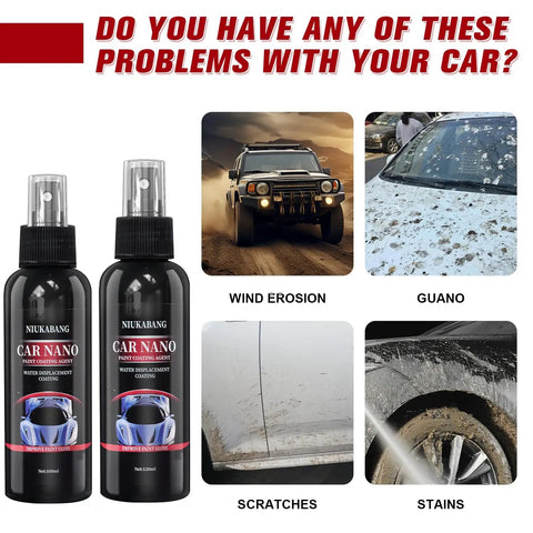 Car Nano Paint Coating Kit 120ml Plus 100ml Water Displacement Scratch Repair Spray Nano Ceramic Coating For Easy Polish Hydrophobic Shield Quick Fix For Scratches And Faded Trim bottles with car damage examples: wind erosion, guano, scratches, stains.