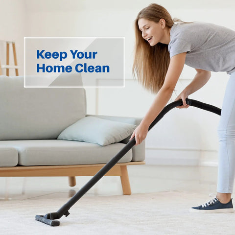 Woman vacuuming living room carpet with canister vacuum using 12 Pack Vacuum Bags For Kenmore Q C 5055 50557 50558 400 Series 600 Series And Panasonic C5 Canister Vacuums, Two Ply Micro Filtration Type C Bags, Perfect Fit Easy Change, Superior Dust Containment For Home Cleanups