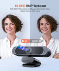 Top Shelf 4K Webcam Packs Sony Autofocus Sensor To Drop Crisp 8MP Video on a white background with a woman smiling.