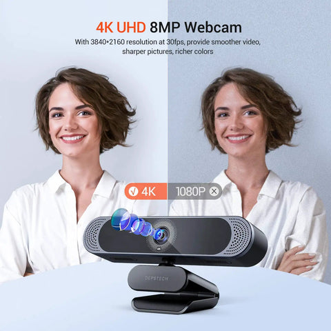 Top Shelf 4K Webcam Packs Sony Autofocus Sensor To Drop Crisp 8MP Video on a white background with a woman smiling.