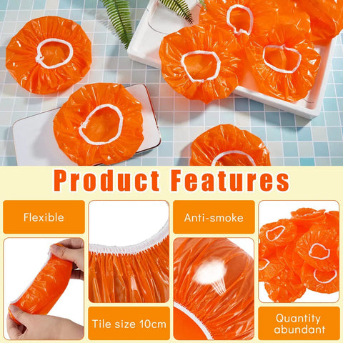 Orange 24 Piece Elastic Smoke Detector Covers For Cooking Or Baking Thickened Plastic Fire Alarm Shield displayed with features.