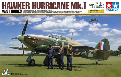 1/48 Hawker Hurricane Mk I Plastic Model Kit With 3 Figures Includes Cement And Paint For Assembly Not Included Photo Etched Parts Optional Build For WWII Fighter Enthusiasts box art showing aircraft on grass with three figures.