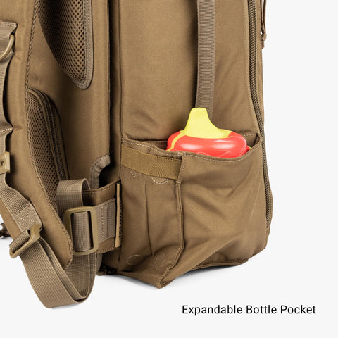 MOLLE Compatible Diaper Backpack for Dads With Built-In Changing Mat And Stroller Straps, Rugged 600D Tactical Daypack in Coyote Brown with expandable bottle pocket.