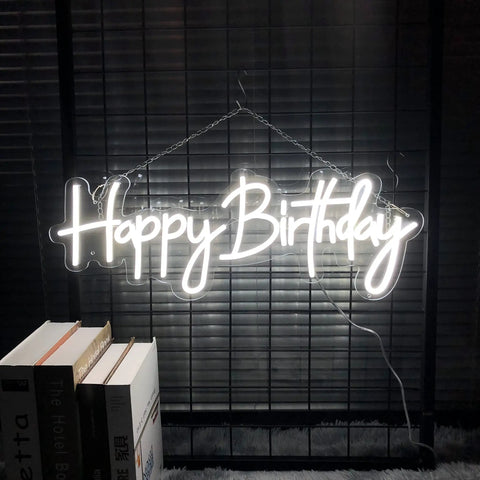 Birthday Neon Sign LED Wall Backdrop 23.6x9.45 Inches Custom Party Neon Light glowing in dark room