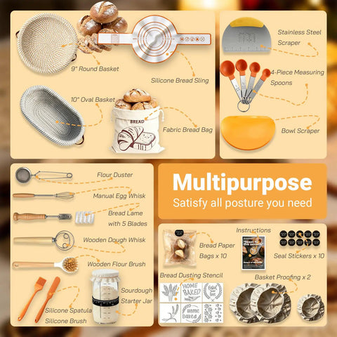 Sourdough Starter Kit With Two Banneton Proofing Baskets Bread Proofing Tool Set Lame And Blades Scrapers Slings and Tools.