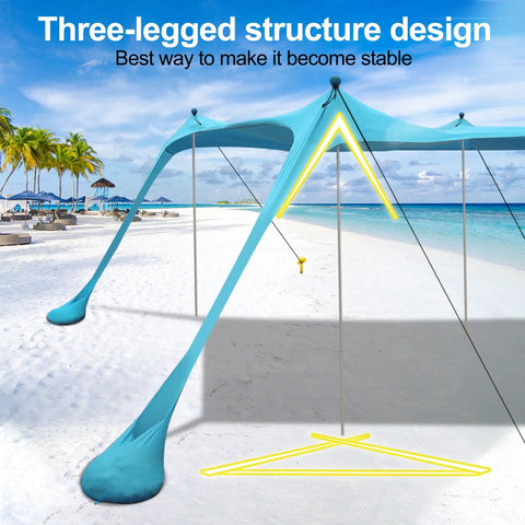 Big Beach Canopy Sun Shelter 11 By 11 Feet UPF Fifty Plus with three-legged structure design on sandy beach