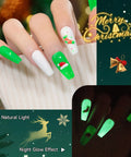 Glow In The Dark Gel Nail Polish Kit With 6 Neon Colors White Pink Green Blue Base And Top Coat Included UV Fluorescent Gel Set HEMA Free nails glowing in the dark with Christmas design.
