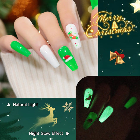 Glow In The Dark Gel Nail Polish Kit With 6 Neon Colors White Pink Green Blue Base And Top Coat Included UV Fluorescent Gel Set HEMA Free nails glowing in the dark with Christmas design.