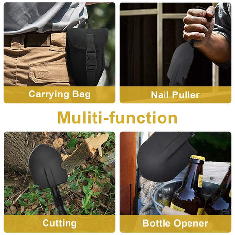 Folding Shovel With Pickaxe And Multi Tool Saw, Whistle, Compass And Bottle Opener, High Carbon Steel in use for various tasks