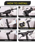 Step-by-step installation guide for 110mm Adjustable Bike Stem Riser for 31.8mm Handlebars, showing release, assembly, and tightening steps.