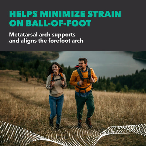 Couple hiking with All Day Comfort High Arch Support Insoles For Women Cradles High Arches Metatarsal Inserts, scenic landscape