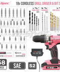 Pink Cordless Drill Set 18V With 18Nm Torque And 550 RPM Includes Driver Bit Set For Wood Steel Concrete Rechargeable 1500mAh Battery And Charger 58 Piece Kit In Carrying Case For Home Repairs And Diy Projects, shown with multiple drill bits and charger.