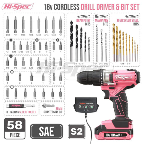 Pink Cordless Drill Set 18V With 18Nm Torque And 550 RPM Includes Driver Bit Set For Wood Steel Concrete Rechargeable 1500mAh Battery And Charger 58 Piece Kit In Carrying Case For Home Repairs And Diy Projects, shown with multiple drill bits and charger.