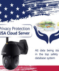 Outdoor Security Camera 1080P HD WiFi Pan Tilt 360 View With Night Vision And Two Way Audio IP65 Weatherproof Motion Detection Alerts displayed with USA cloud server protection graphic.
