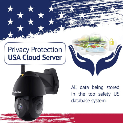 Outdoor Security Camera 1080P HD WiFi Pan Tilt 360 View With Night Vision And Two Way Audio IP65 Weatherproof Motion Detection Alerts displayed with USA cloud server protection graphic.