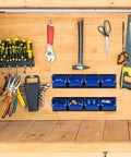 Wall Mounted Garage Storage Bin Rack With 8 Bins And 2 Rails Blue Large Tool Organizer with tools in a garage setting