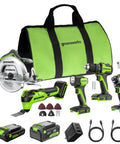 Rugged 24 Volt Cordless Tool Combo Featuring Drill And Impact Driver Plus Circular Saw And Multi Tool includes batteries and charger