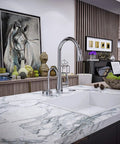 Velosah Instant Hot Water Dispenser Faucet With Gooseneck Spout Polished Chrome in modern kitchen setting