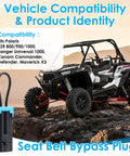 2 Pack Seat Belt Bypass Harness Plugs For Cars Trucks UTVs Lawn Mowers Golf Carts shown with UTV compatibility details