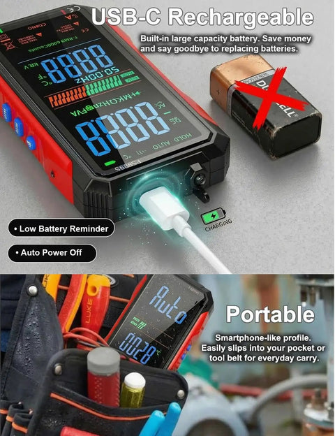 Auto Range True RMS Digital Multimeter with USB rechargeable display and charging cable, ideal for automotive work and electricians.