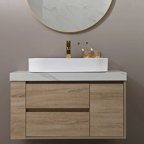 Dope 25.6 Inch Rectangle Vessel Sink With Pop Up Drain For Above Counter Installation In White Porcelain Ceramic Vanity Basin displayed with cabinet