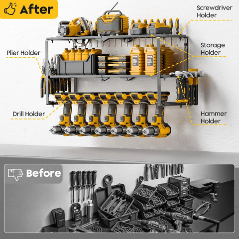 Heavy Duty Power Tool Organizer Wall Mount With 7 Drill Slots And Screwdriver Holder, Cordless Drill Hanger Storage Rack