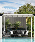 Outdoor pergola over patio with seating, using 4 Pack 3 Way Right Angle Pergola Brackets With Black Powder Coat Finish For DIY Woodworking.