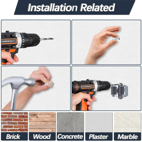 Installation steps for Heavy Duty Mop And Broom Holder Wall Mount 10 Pack Organizer on various surfaces including brick and wood.