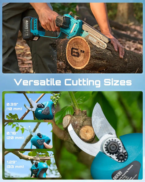 Person using 4 In 1 Pole Saw And Pruning Shears Kit for Tree Trimming Battery Powered Mini Chainsaw with extension pole in action