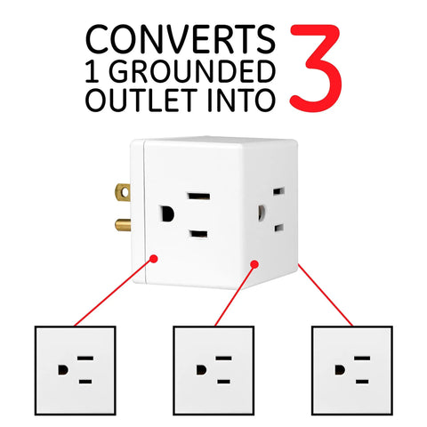 Three Outlet Wall Tap Power Splitter With Grounded 3 Prong Design Space Saving Cube Adapter, white, showing three outlets