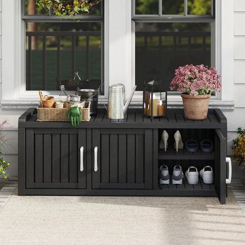 Front view of Go-To Weatherproof Resin Shoe Storage Cabinet with Adjustable Shelves and Bench, UV Resistant 3 Barn Doors Entryway Organizer