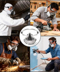 Collage showing workers using 2 In 1 Half Face Respirator With Replaceable Filters for painting, welding, woodworking.
