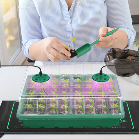 Seed Starter Kit With Grow Light And Heat Mat, 48 Cell Seed Tray, Humidity Dome And Base Germination Trays, Plastic Propagation Kit For Easy Seed Starting, Green