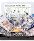 Epic 2200 Piece Electronics Component Kit with capacitors, resistors, and more in open case for DIY projects and pro hobbyists.
