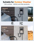 Beefy Level 2 EV Charger 48 Amp J1772 with NEMA 14-50 Plug, outdoor weatherproof, CSA FCC certified, mounted on wall.