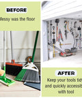 Before and after image showing a garage neatly organized with a Heavy Duty Magnetic Mop And Broom Holder Rack With No Slip Wall Mount.