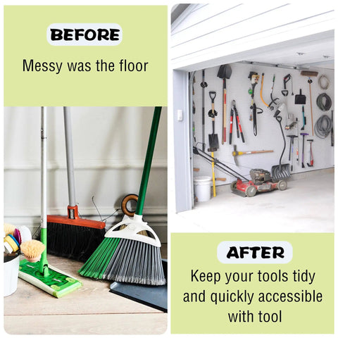 Before and after image showing a garage neatly organized with a Heavy Duty Magnetic Mop And Broom Holder Rack With No Slip Wall Mount.