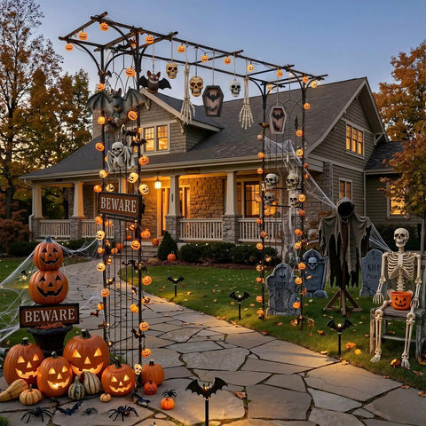 Sturdy Steel Garden Archway For Weddings And Yard Vibes, decorated with Halloween props, pumpkins, and spooky figures, in front of a house.