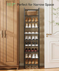 Heavy Duty Ten Tier Metal Shoe Rack Holds Up To Twenty Two Pairs Tall Slim Entryway Organizer With Adjustable Bottom Shelf And Secure Anti Tip Strap For All Your Kicks Black, slim design in narrow space.