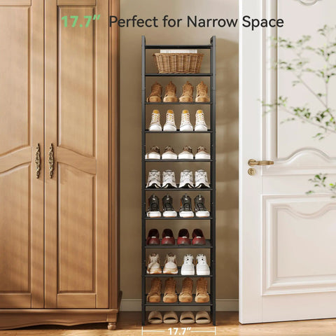 Heavy Duty Ten Tier Metal Shoe Rack Holds Up To Twenty Two Pairs Tall Slim Entryway Organizer With Adjustable Bottom Shelf And Secure Anti Tip Strap For All Your Kicks Black, slim design in narrow space.