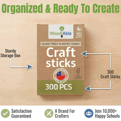 Totally Splinter Free Popsicle Sticks Bulk Pack Of 300 Natural Wood Craft Sticks 4.5 Inches Long in sturdy storage box.