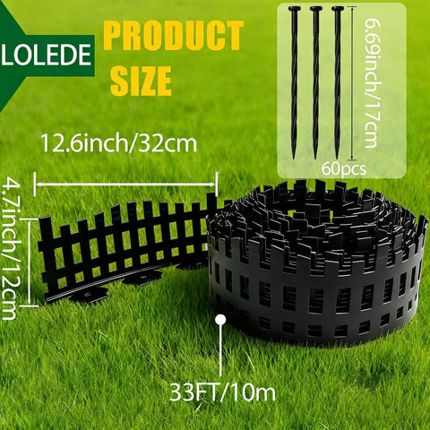 Flexible Garden Edging Border Kit 33 Ft Black Lawn Edging With 60 Stakes in a coil on grass, 4.7 In tall, product size details shown