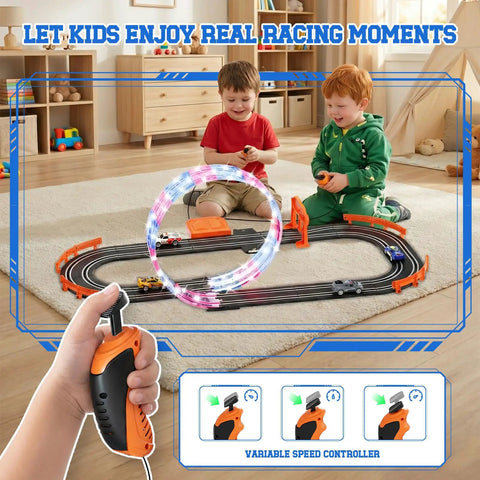 Kids playing with 9.86Ft 2-In-1 Slot Car Track Set With Four Cars Dual Racing Mode Battery Or Electric Power Includes Lap Counter