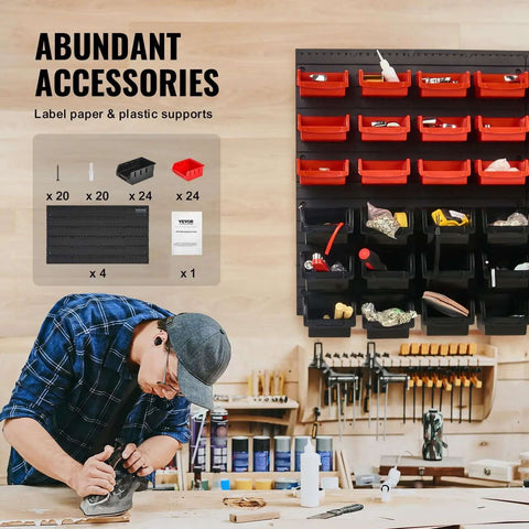 48 Bin Wall Mounted Storage Bins Rack Organizer with red and black bins, installed in workshop with person working