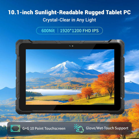 Built Like A Tank Rugged Tablet PC Running Windows 11 Pro On A Crisp 10.1 Inch Sunlight Readable Screen with vibrant landscape display.