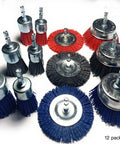12 Pack Nylon Filament Abrasive Brush Drill Wheel And Cup Brush Set with colorful bristles and one quarter inch shank