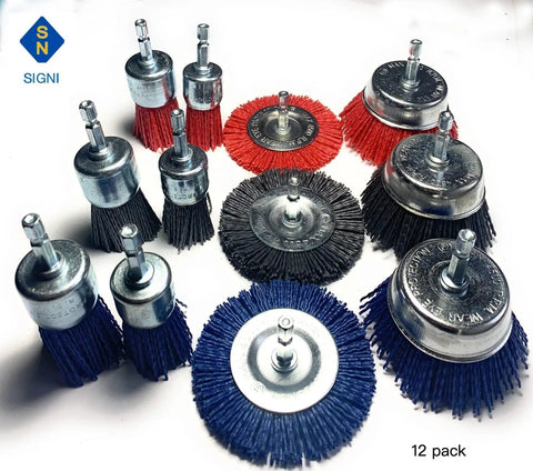 12 Pack Nylon Filament Abrasive Brush Drill Wheel And Cup Brush Set with colorful bristles and one quarter inch shank