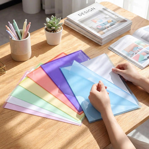Person opening blue folder from 300 Pack Plastic Document Folders With Clear Pockets, Letter Size 8.7 By 12.2 Inches, A4 Assorted Color File Sleeves