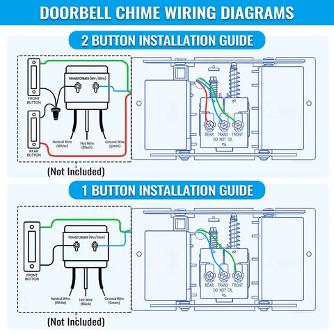 Wiring diagram for Two Tone Wired Doorbell Chime installation, showing 1 and 2 button setups with transformer and chime.