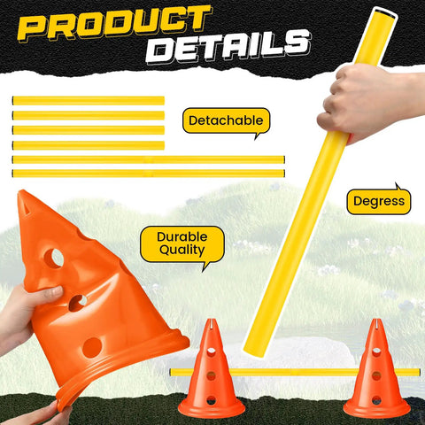 Product details of Dog Agility Hurdle Cone Set For Backyard Training Height Adjustable Obstacle Course Kit with yellow rods and orange cones.